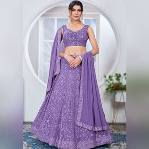 Light Purple A Line Embroidered Georgette Lehenga